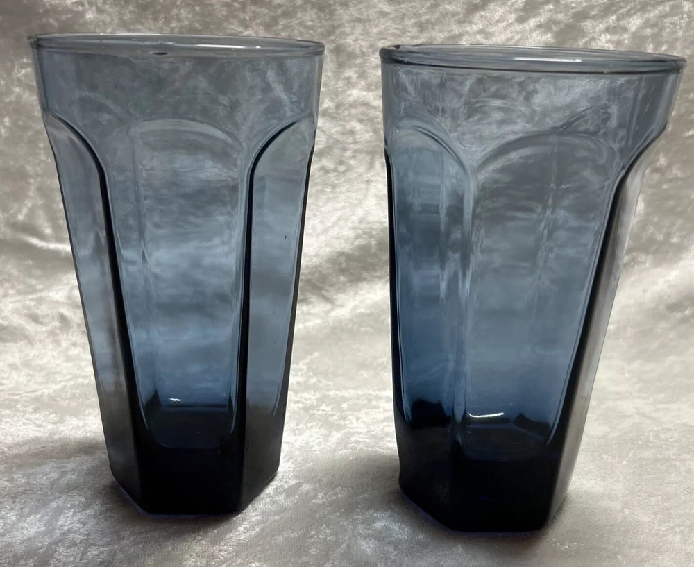 2 Anchor Hocking Courtney Dark Blue Flat Iced Tea Tumbler Glasses 15 Oz 90s Y2K