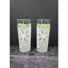 Pair Vintage MCM Atomic Snowflake Frosted Highball Glasses Green Diamond 16oz