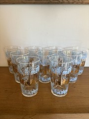 Set Of 9 Vintage MCM Federal Blue & Gold Houses Glasses Tumblers 4.75”