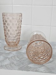 Vintage Pink Depression Glass Cube Block Footed Tumblers Set Of 2 Glasses