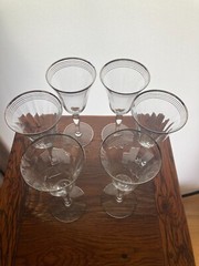 Set of 6 Vintage Optic Wine Glasses W/ Platinum Trim And Decanter