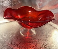 Ruby Red Glass Footed Pedestal Ruffled Edge Bowl 9”x4.5”