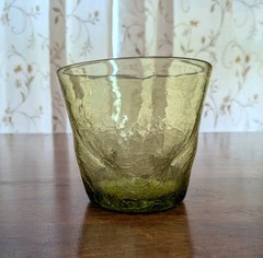 VTG MCM Blenko Handblown Glass Avocado Green Crackle Glass Lowball Pinch Dimple