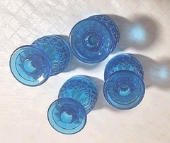 Set 4 Mini Ice Blue Goblets Pressed Glasses Diamond Cut Pattern 2.1/2 inches VTG