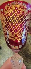 3 MURANO CRANBERRY HAND PAINTED BLOWN GLASS VENETIAN 24k GOLD LEAF STEM GOBLETS