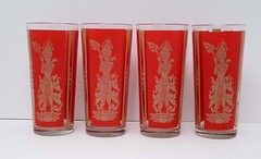 Boho Culver Glass 1960s Red Gold High Ball Set 4 Mid Century Thai Hindu Goddess