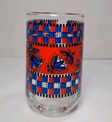 Red & Blue Patchwork Floral Tumbler Glass 4 3/4″ MCM Vintage 1970’s
