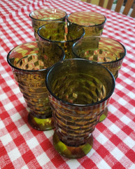 Indiana Glass Whitehall Avocado Green Cubist 6″ Footed Tumbler LOT 6 VTG MCM