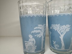 Set of 4 Vintage Jeannette Roman Greek Hellenic Blue Glasses 5″