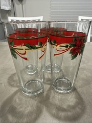 Set of 4 Poinsettia Christmas Drinking Glasses 12oz Heavy Glass KIG