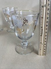 Set of 5 Linnet Goblet Gold Bow & Rim Frosted Flowers Bubble Stem Base 5.5″