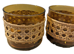 Pair 1970s Amber Juice Drink Blown Glasses w/ Rattan & Wicker CANE Collars 8oz