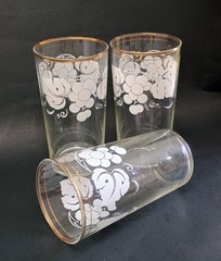 3 Vintage Tumbler Water Glasses MCM w/White Grapes Gold Trim 1960s