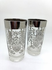 Two MCM Kimiko Knight Crest Silver Rim 5.5” Tall 3” Wide Highball Glasses