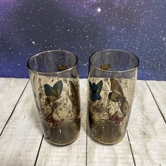 VTG 2 Libbey Amber Monarch Butterfly and Wheat Tumblers Glasses 16oz