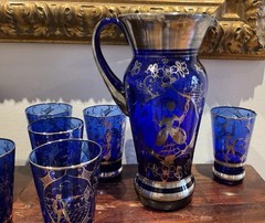 Gorgeous vintage Venetian or Murano-style cobalt blue lemonade/water set- Italy