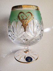 Vintage Czech Bohemian 6 Glass set Hand Cut Green Raised Gold Barware wine Rare