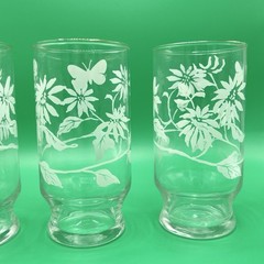 Vintage Kitchen 6” Floral Butterfly Clear Glass Tumblers Drinking Glasses Set 4