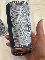 Two Vintage Currier Ives Blue And White Glass Tumblers. Holds 1 1/2 Cups