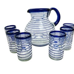 Hand Blown Cobalt and Clear Glass Swirl Pitcher and 6 Glasses Set Made in Mexico