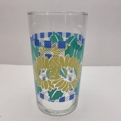 Set of 4 Vtg Anchor Hocking Sunflower Blue Gingham Juice Drinking Glasses 4.25″T