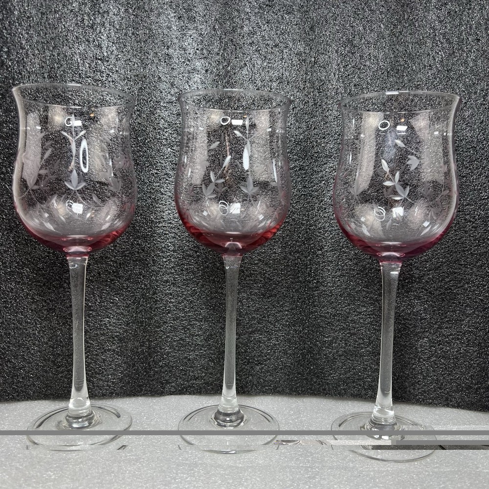 3 LENOX Heather Pink Tulip Wine Glass Blown Glass Clear Stem 8-7/8” Vintage