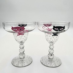 Set 2 Hand Painted Cat Margarita Glasses Pink Black Polka Dot Cocktail Barware