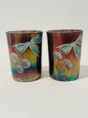 2 Vintage Northwood Carnival Glass Cobalt Blue Small Tumblers Cherry AS IS