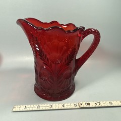 Vintage Mosser Glass Ruby Red Inverted Thistle 5-Piece Set Pitcher & 4 Tumblers