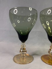 Bryce 894 Smoke Green Goblets Topaz Amber Stem Blown Glass Pear Shape – Set of 3