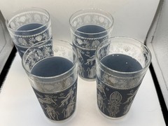 Set 4 Greek Revival Highball Glasses Tumblers Blue White Silver Figural Motif