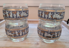4 Vintage MCM Hollywood Regency Roly Poly Glasses Cera Etruscan Frieze Greek