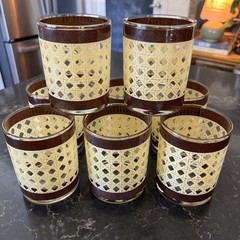 Set of (8) Vintage Mid-Century Modern Cane Weave Cocktail Glasses Cream & Brown