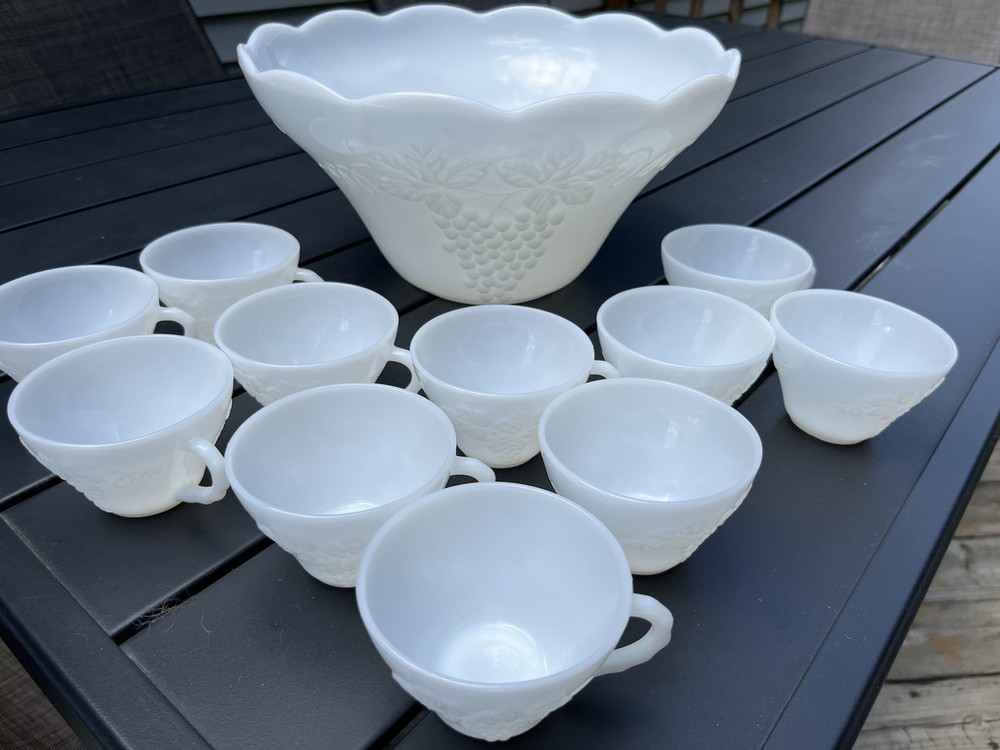 Vintage Anchor Hocking Milk Glass Harvest Grape Punch Bowl Set, 11 Cups