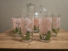 Vintage Glass Tumbler Pink Green Iris Flower MCM 16oz Glasses Set 6 64oz Picher