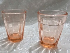 Pair Of ANCHOR HOCKING GLASS CO. PILLAR OPTIC PINK 1-1/2 OUNCE TUMBLER or SHOT!