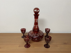 Egermann Bohemian Style Ruby Red Etched Bulb Decanter with 4 Wine Goblets