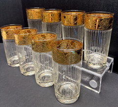 8 Vtg CULVER TYROL Highball Glasses w/ 22kt Gold Trim 5.5”T – Bar Ware MCM Retro