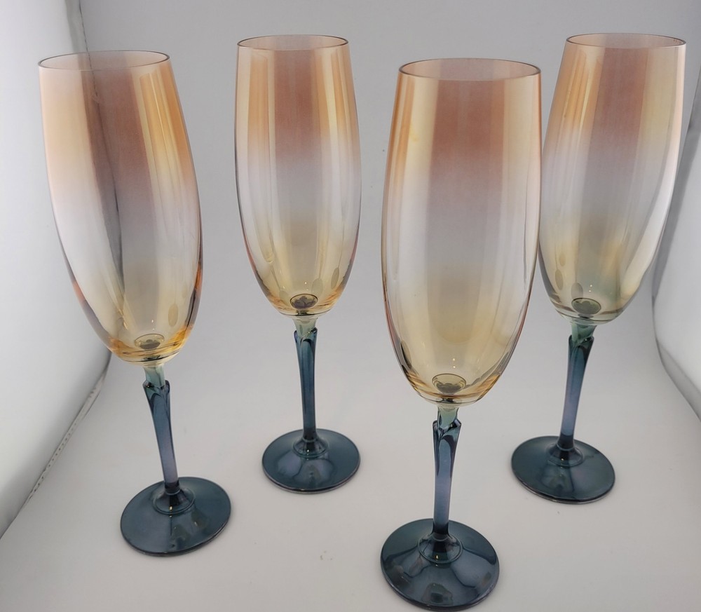 4 Colony Champagne Flute Czechoslovakia Pink/Peach Yellow Ombré Green Stem