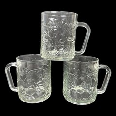 Vintage KIG Indonesia Clear Glass Fruit Mug SET OF 3 Pressed 10oz Coffee 3 7/8″