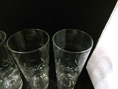 5 Vintage Clear Glass Tumblers with Arrows / Leaves and Thumbprint Design