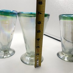 Three Hand Blown Stemware V-Shaped Glasses All Iridescent Green & Blue Band