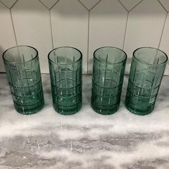 4 Vintage Anchor Hocking Tartan Manchester Tumbler Glasses Green 6″ *
