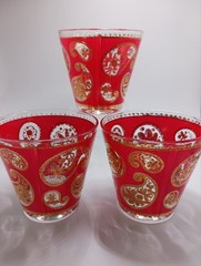 Rare Vintage MCM Culver Red Gold Paisley Old Fashioned Cocktail Glasses Set of 3