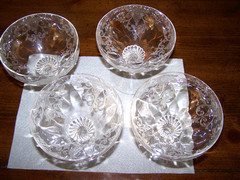 ANTIQUE HIGH QUALITY ETHCHED CRYSTAL FOOTED CHAMPAGNE COUPES: SET OF 4