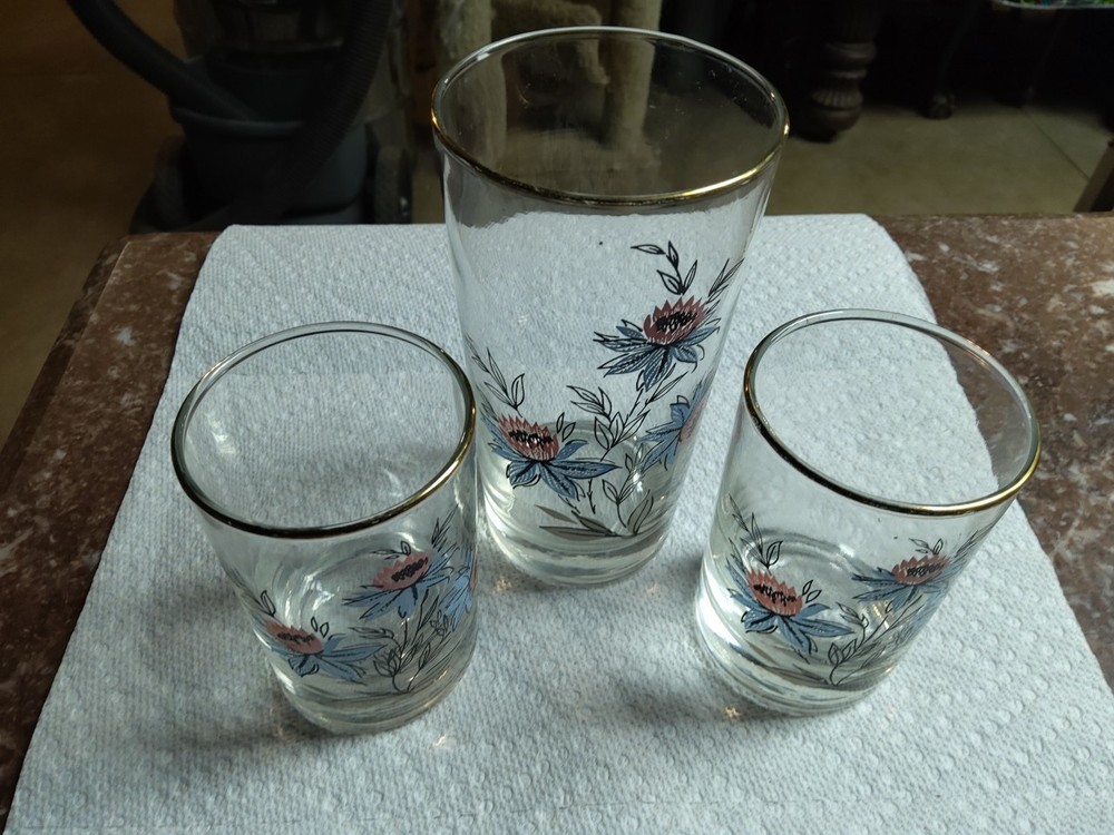 Vtg. Libbey-Clear Glass/Blue & Pink Flowers/Gold Rim-Tumbler And 2 Juice Glasses