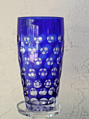 VTG COBALT BLUE Cut to Clear Bohemian Czech 6.5″ Tumbler drink Glass bubble dot