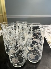 6pc Vintage Libbey Clear w White Flowers 12oz Tumbler Glasses