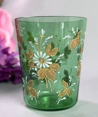 Antique Moser Type Tumbler Gold Leaves Scrolls 19thC 2.75”H Bohemia