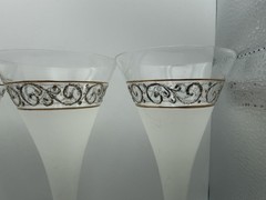 Vintage MCM Frosted White Champagne Cocktail Glasses Gold Silver Scroll Set of 4